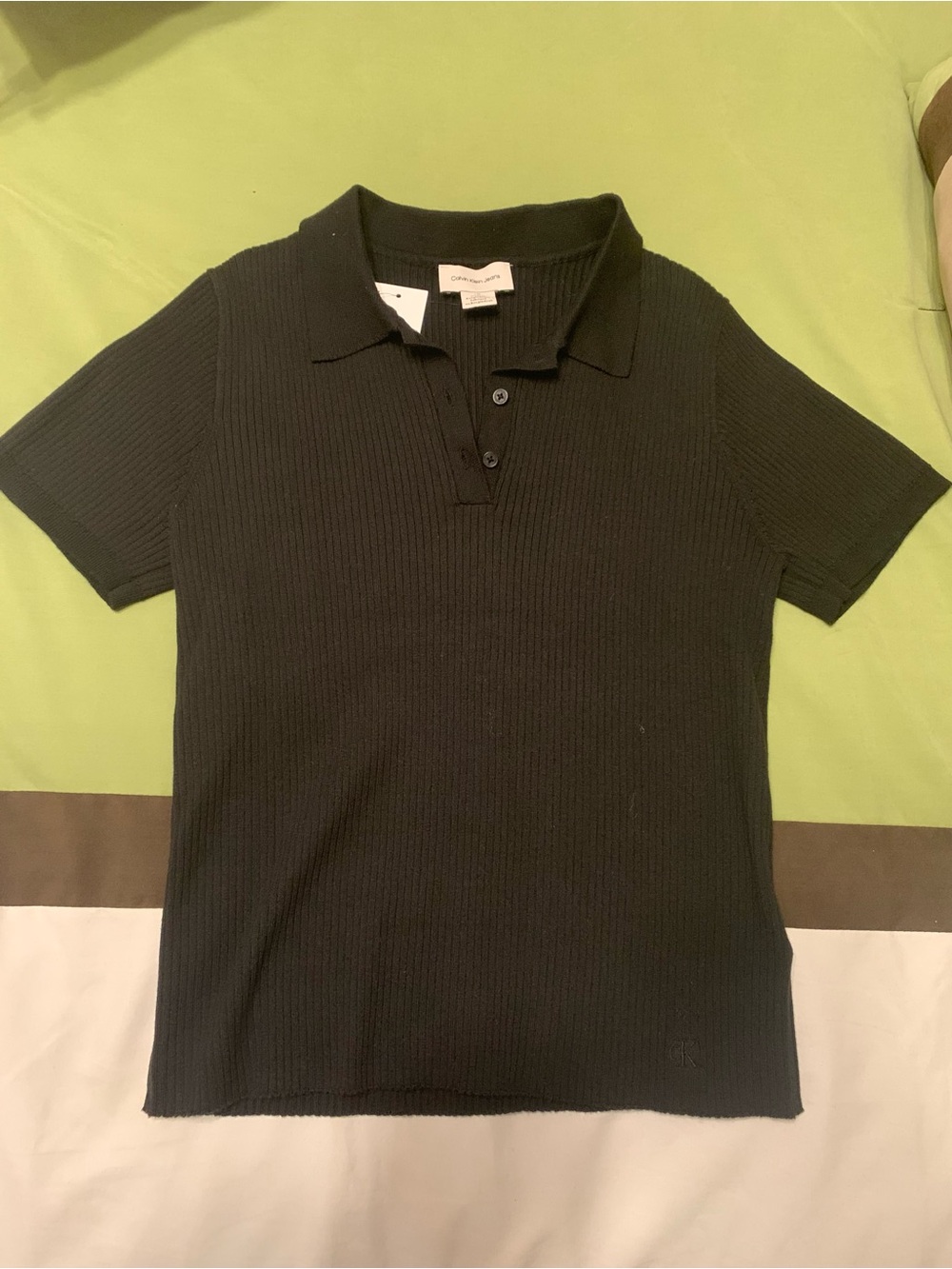 Calvin Klein Black Ribbed Polo Crop Top Shirt